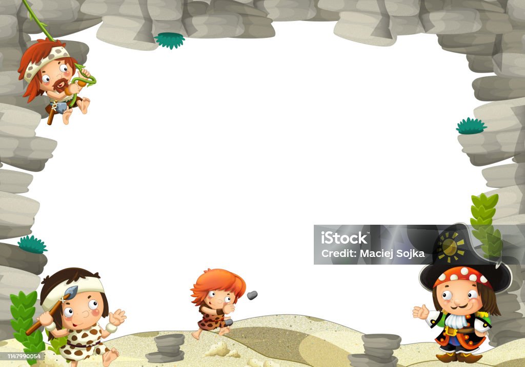 cartoon scene with cavemen and pirate captain frame for text cartoon scene with cavemen and pirate captain frame for text - illustration for the children Adventure stock illustration