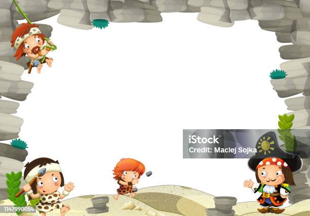 Cartoon Scene With Cavemen And Pirate Captain Frame For Text Stock Illustration - Download Image Now