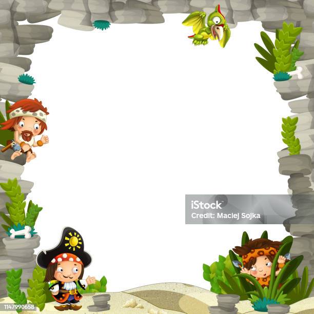 Cartoon Scene With Cavemen And Pirate Captain Frame For Text Stock Illustration - Download Image Now