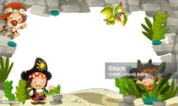 Cartoon Scene With Cavemen And Pirate Captain Frame For Text Stock Illustration - Download Image Now