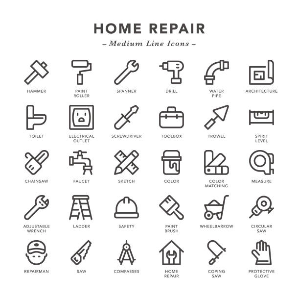 ilustraciones, imágenes clip art, dibujos animados e iconos de stock de reparación del hogar-iconos de línea media - wrench ruler screwdriver hammer