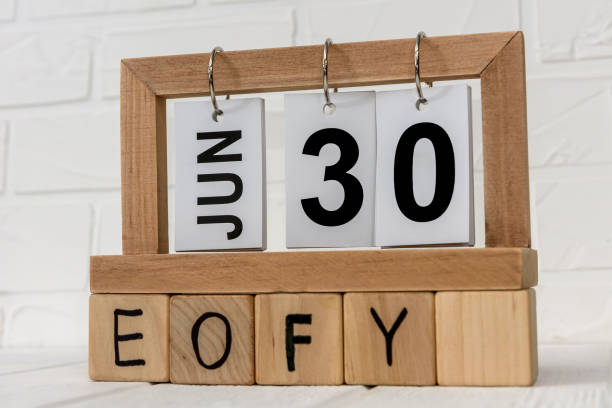 istock Wooden calendar with cubes and text 'EOFY' on it 1147990821