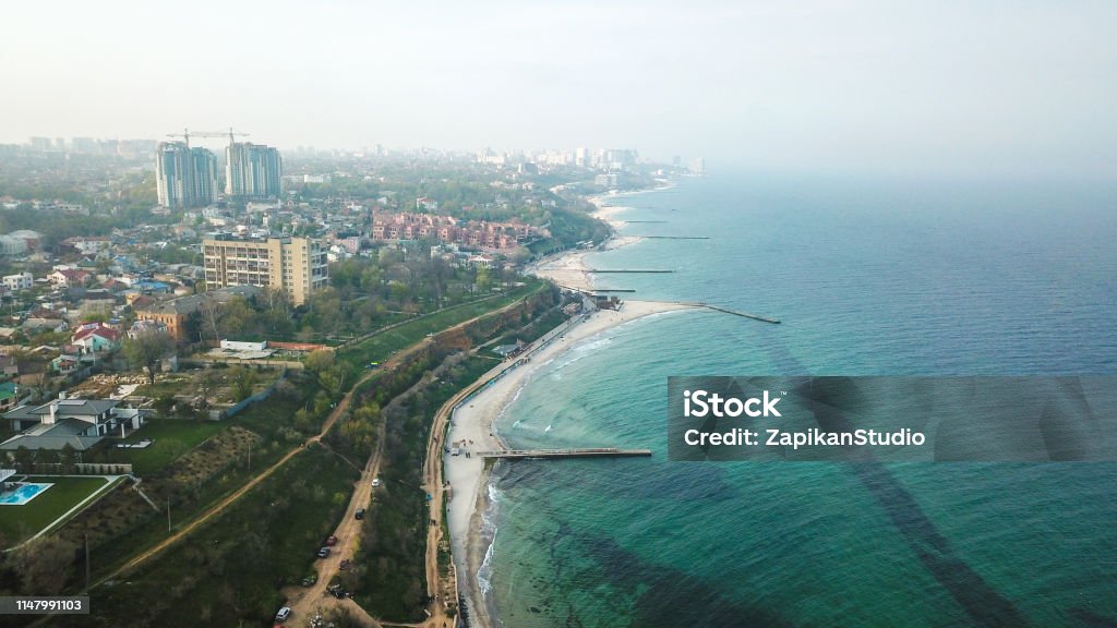 Odessa city from the drone. Sea view. City and sea in spring. Great landscape photo. More green and blue colors Odessa - Ukraine Stock Photo