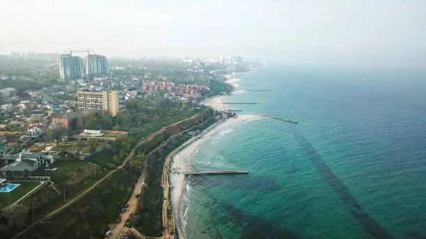 Odessa city from the drone. Sea view. City and sea in spring. Great landscape photo. More green and blue colors