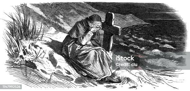Woman Sits At A Grave Hands On Her Face And Grieves Stock Illustration - Download Image Now