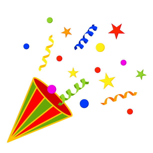 красочный мультфильм партии поппер - streamer congratulating party popper birthday stock illustrations