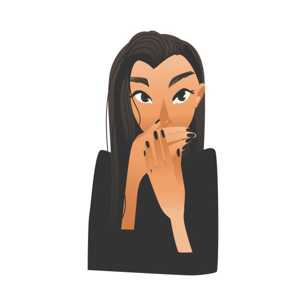 Scared young woman covering mouth with hands and keeping silence. Scared young woman covering mouth with hands and keeping silence isolated on white background - vector illustration of girl closing lips with crossed hands and wide opened eyes in flat cartoon style. closed mouth stock illustrations