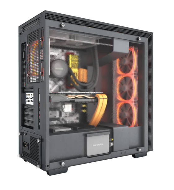 istock Computer closed transparent cover with red lighting effects and water cooled cooling system on white background 3d render without shadow 1147994022