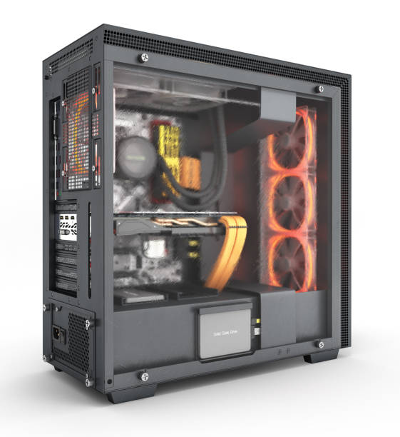 istock Computer closed transparent cover with red lighting effects and water cooled cooling system on white background 3d render 1147994023