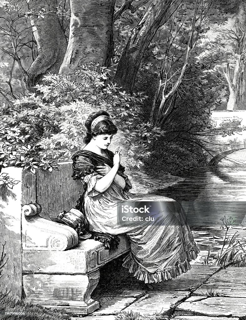 Young beauty sitting on a stone bench in the garden, looking on her new finger ring Illustration from 19th century 19th Century stock illustration