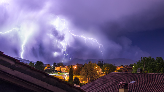 A lightning storm raging over the outskirts of Lucca, Tuscany, Italy