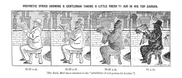 British satire comic cartoon caricatures illustrations - Man sitting on building top garden over time - soot - dirty From Punch's Almanack 1899. punch puppet stock illustrations