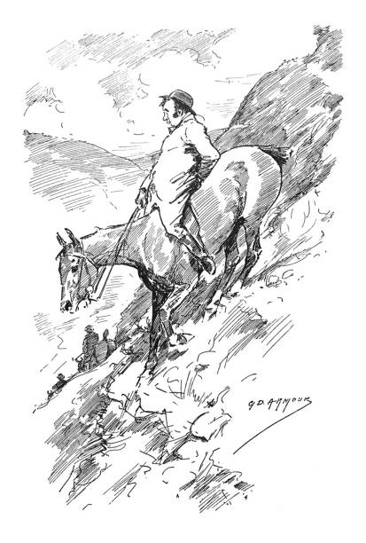 istock British satire comic cartoon caricatures illustrations - Man riding a horse down a very steep hill 1147996822