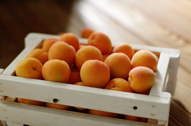 istock White wooden crate with apricots on table 1147996909