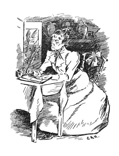 British satire comic cartoon caricatures illustrations - Women at writing desk with pen From Punch's Almanack 1899. punch puppet stock illustrations