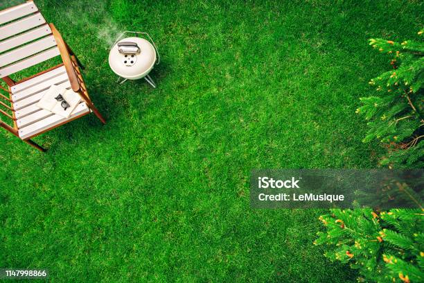 Ivory Colored Grill On The Grass Near The Wooden Armchair With A Book And Glasses Top View Stock Photo - Download Image Now