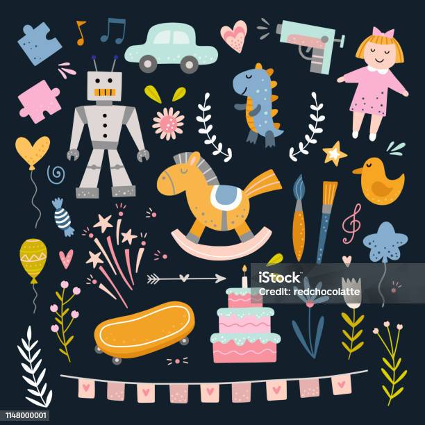 Children Icons With Cute Elements Toys Decoration Balloons And Birthday Cake Stock Illustration - Download Image Now