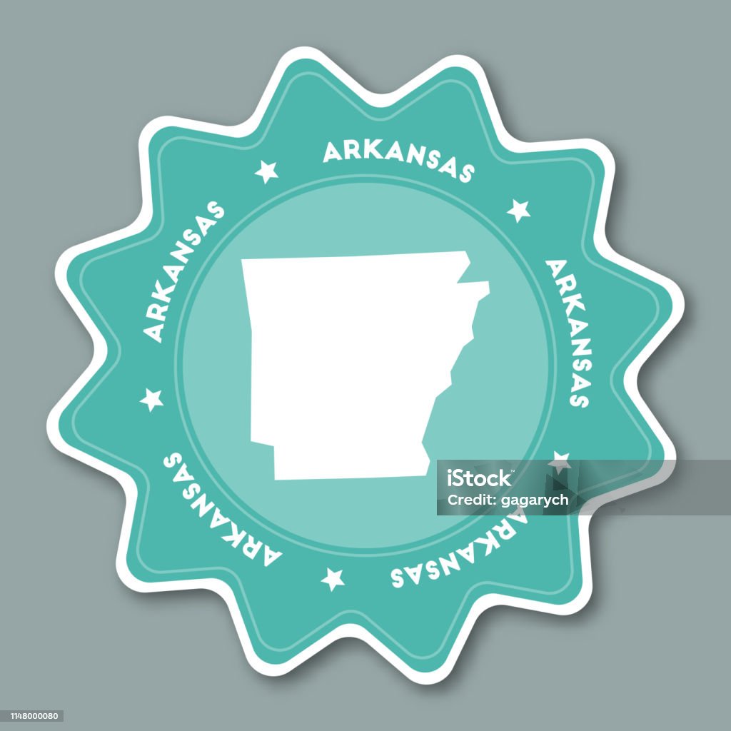 Arkansas map sticker in trendy colors. Arkansas map sticker in trendy colors. Travel sticker with US state name and map. Can be used as logo, badge, label, tag, sign, stamp or emblem. Travel badge vector illustration. Adventure stock vector