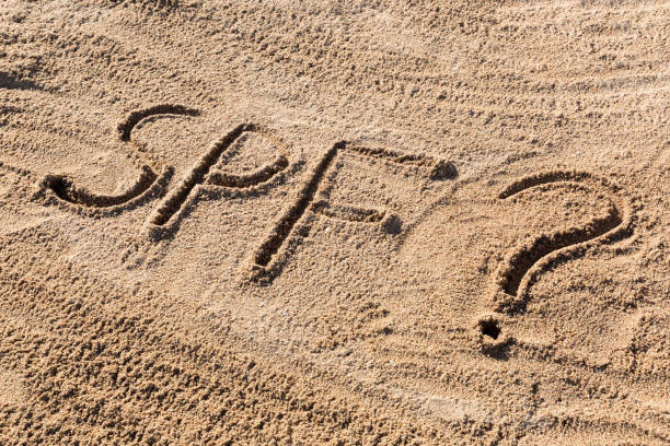 istock Sun protect factor concept. SPF word written on the beach with question mark 1148000177