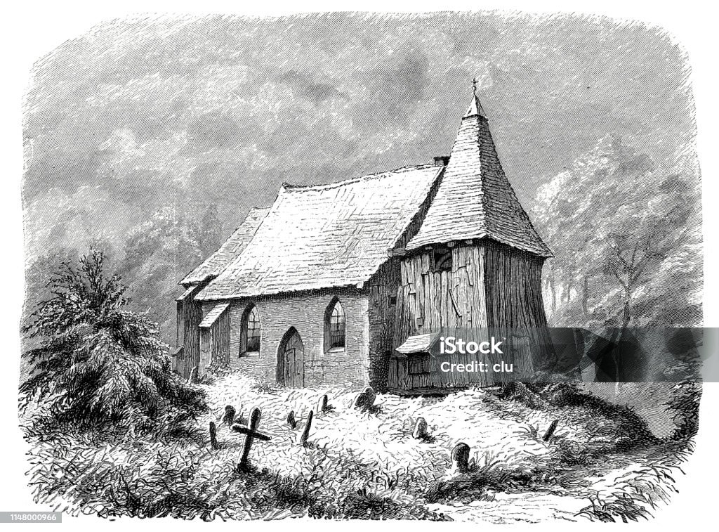 Church of the holy Gallus in Süderbrok Illustration from 19th century 19th Century stock illustration