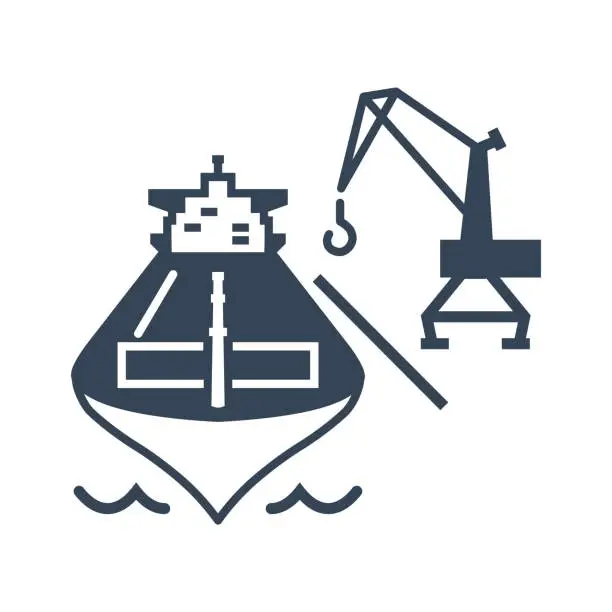 Vector illustration of black icon loading and unloading cargo ship, harbor crane