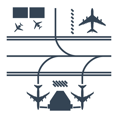 black icon airport runway, airplane parking and airport terminal