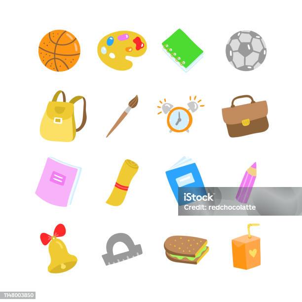 School Flat Vector Icons On White Background Cute Educational Illustrations For Kids And Children Stock Illustration - Download Image Now