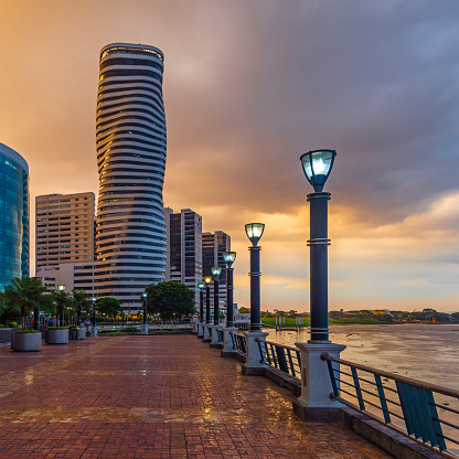 The colorful waterfront of Guayaquil, the Malecon 2000, located along the Guayas river, at sunset, Ecuador.