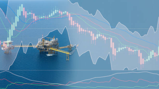 istock Double exposure aerial shot of offshore rig and trading graph with copy space. 1148009028