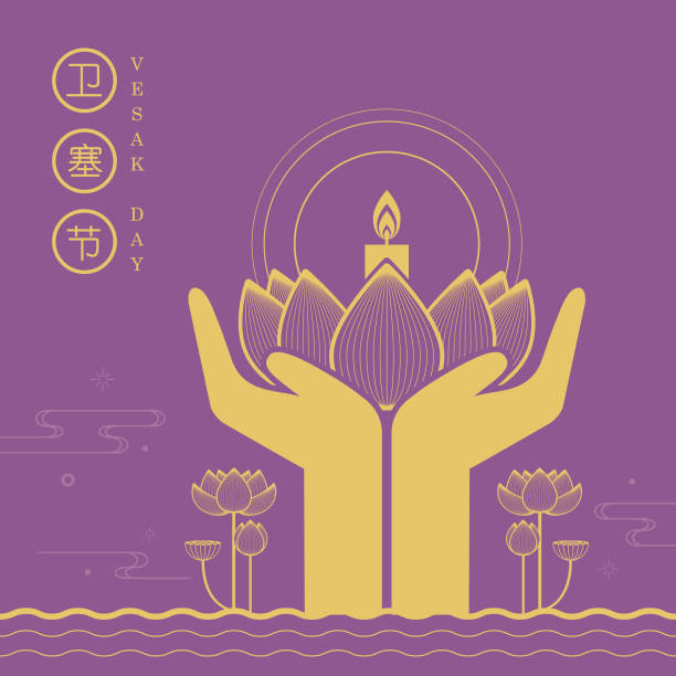 happy vesak day oder buddha purnima-symbol der hand hält lotuslampe - vesak day stock-grafiken, -clipart, -cartoons und -symbole