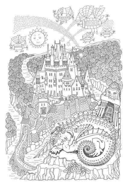 Vector illustration of Vector fairy tale landscape with medieval castle, forest, river, flying airships and funny dragon. Hand drawn black and white doodle sketch. Tee shirt fantasy print. Adults and children coloring book