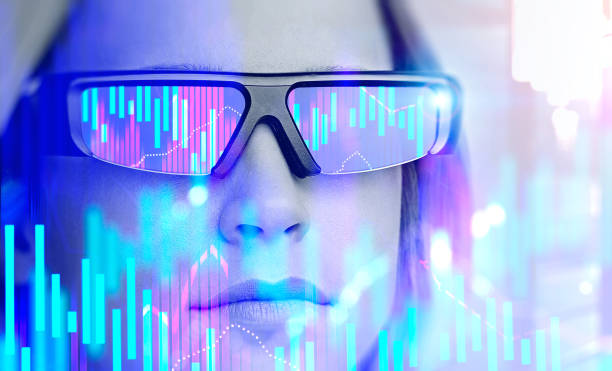 istock Woman in augmented reality glasses in city, graph 1148011810