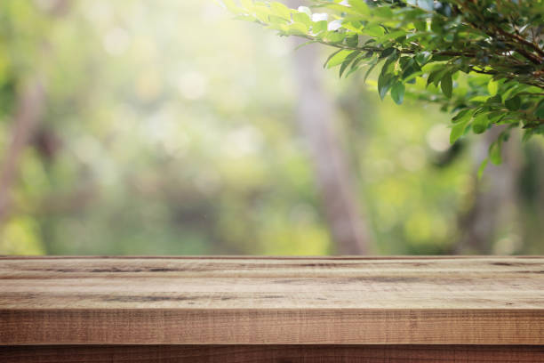 istock Wooden table and blurred green nature garden background. 1148011870