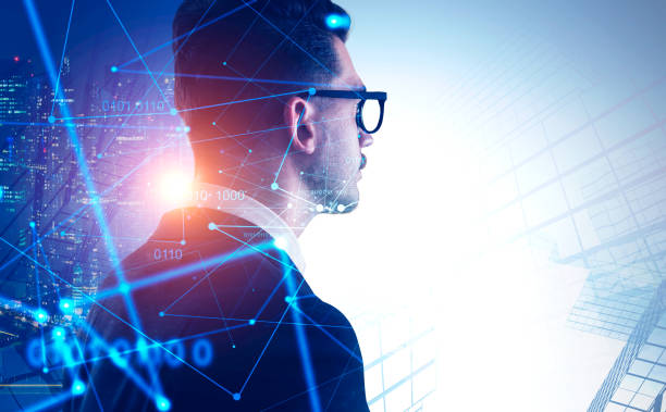 istock Serious businessman in glasses, digital interface 1148012040
