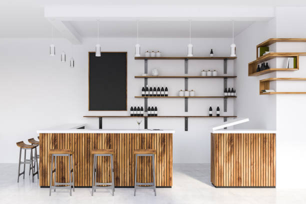 istock White restaurant interior with wooden tables, chairs. 3d render 1148012113