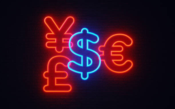 istock Currency Symbols Shaped Neon Light On Black Wall - Currency Exchange Concept 1148013481