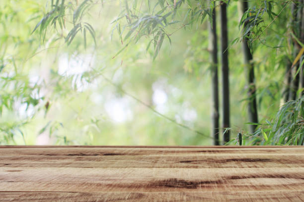 istock Empty wooden and blurred nature bamboo forest background. 1148013763