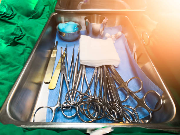 istock close up top view of group set dressing with Sterile surgical tools, clamps, syringe, dilators on surgical tray  in hospital on green cloths are sterile set 1148013855
