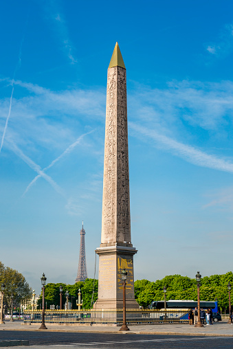 Paris, France - April 17, 2019: Place de la Concorde with obelisk of luxor and Eiffel Tower in background.