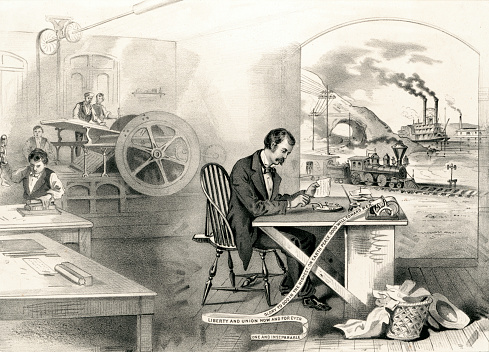 Vintage scene illustrates some of the extraordinary inventions that revolutionized nineteenth century America. At center, a man sends a message via telegraph. In the background at right are a steam locomotive and steamship. In the background at left a boy uses printer's tools and two men stand at a printing press.