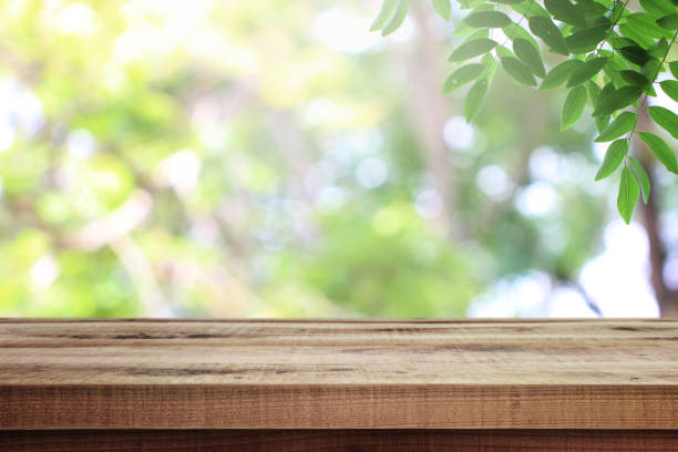 istock Wooden table and blurred green nature garden background. 1148018300