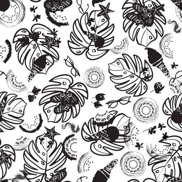Black and white beach summer vacation seamless pattern. Vector background. Black and white beach summer vacation seamless pattern. Vector background. Great for textile, fashion, home decor, paper. silhouette of a ice cream black and white stock illustrations