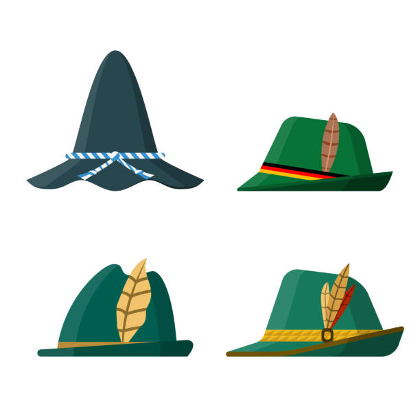 Set of traditional green hats Set of flat design traditional green hats on white background. Front view. Vector illustration. german culture illustrations stock illustrations