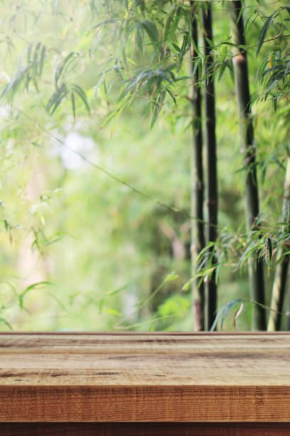 istock Empty wooden and blurred nature bamboo forest background. 1148021921