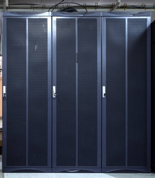 istock Server rack with three blue servers. Server farm, data center. Concept GDPR, RGPD, DSGVO concept illustration. General Data Protection Regulation. 1148024784