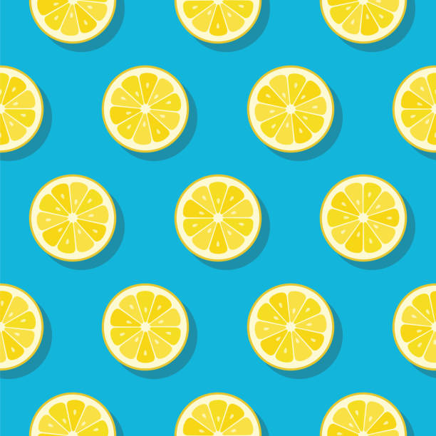ilustraciones, imágenes clip art, dibujos animados e iconos de stock de patrón de rodajas de limón sobre fondo color turquesa. - fruta ilustraciones