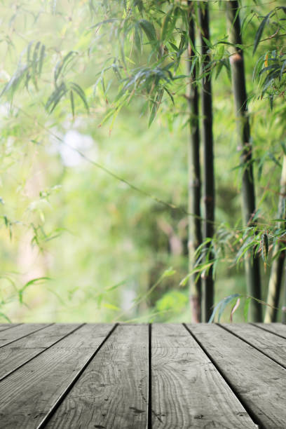istock Empty wooden and blurred nature bamboo forest background. 1148026069