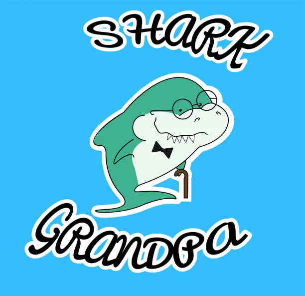 Vector illustration of Family sharks. Grandpa shark with cane and bow tie. Cute cartoon green character with eyeglasses of sea animals. Print for clothes or for coloring book