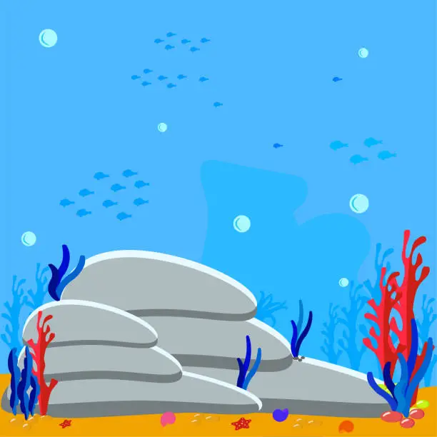 Vector illustration of Game vector underwater background cartoon illustration of rocks and seaweed on the sandy bottom. Bubbles water and silhouette fish