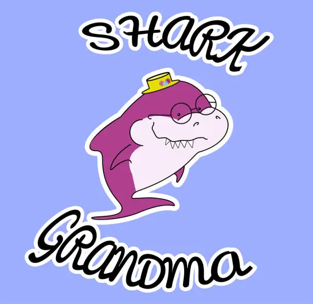 Vector illustration of Family sharks. Grandma shark. In a straw hat with flowers. Cute cartoon purple character with eyeglasses of sea animals. Print for clothes